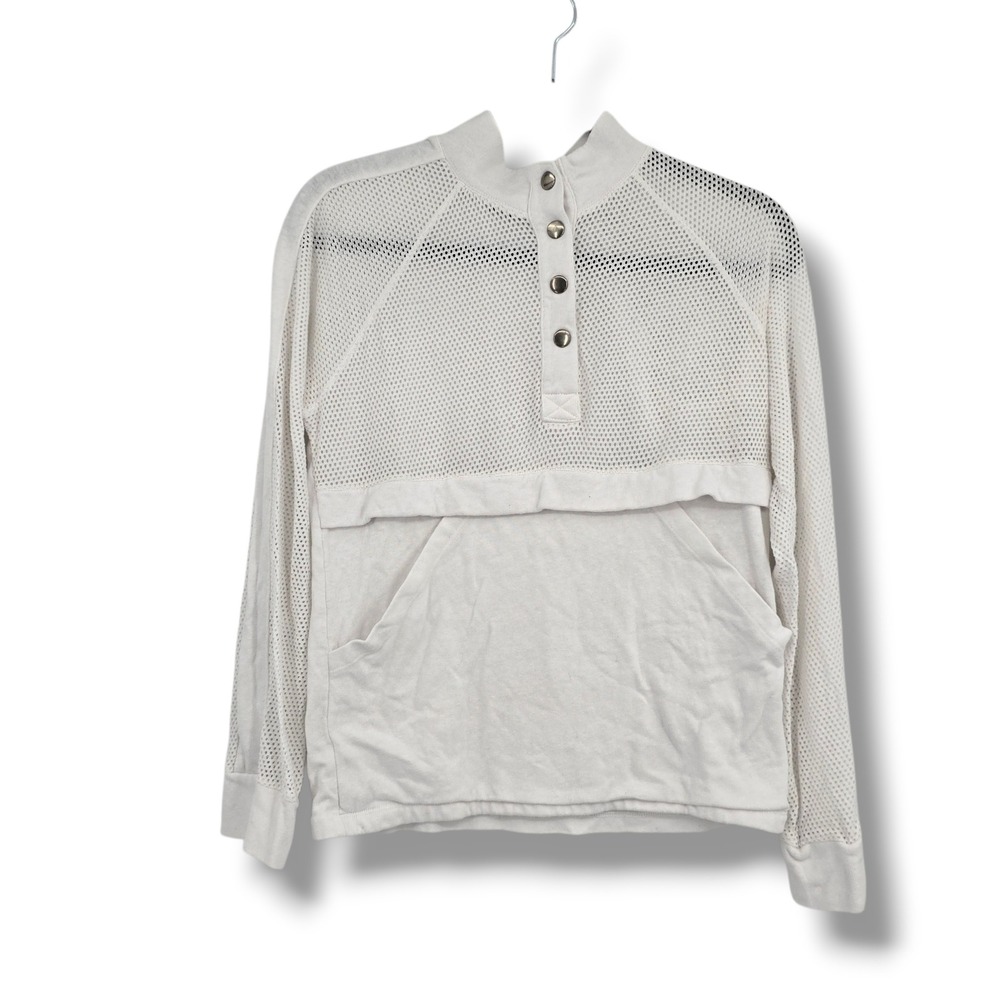Monrow‎ Womens White Mesh Panel Snap Neck Kangaroo Pocket Sweatshirt XS